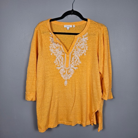 Chico's Tops - Chico's Women XL Linen Tunic Top Floral Embroidered‎ Sequin 3/4 Sleeve Orange